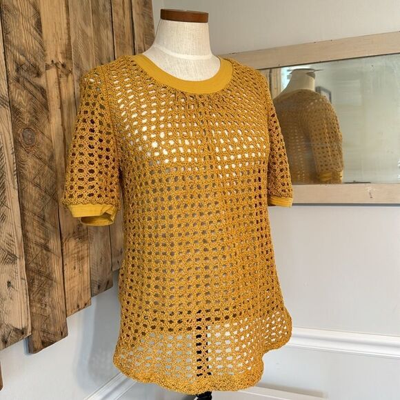 Anthropologie Angel of the North Womens Senoia Boho Sweater Mustard Crochet XS - Picture 4 of 14